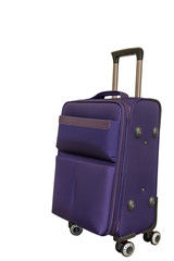 Purple travel suitcase on four wheels on a white background. Isolate. Voyage with suitcase