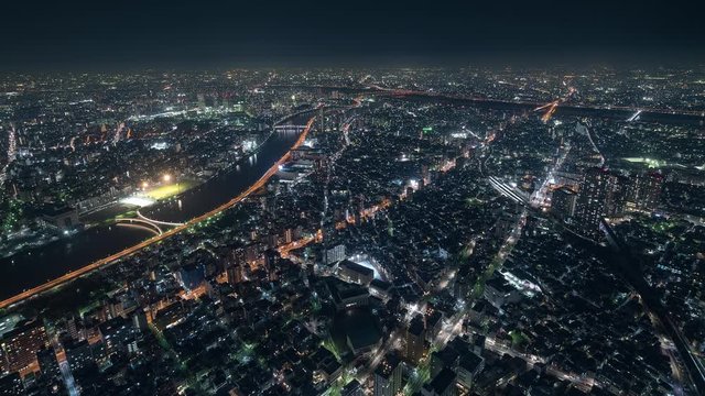 4K Timelapse Sequence of Tokyo, Japan - The North of Tokyo s city traffic at Night from the Sky Tree Tower