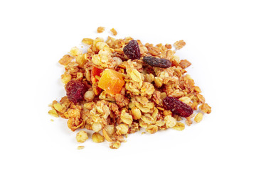 Granola with dried fruits isolated on white