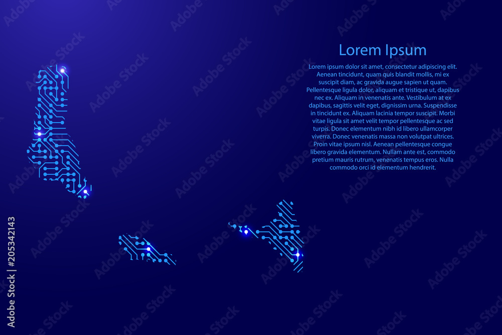 Fototapete map comoros from printed board, chip and radio component with blue star space on the contour for ban
