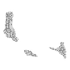 Abstract schematic map of Comoros from the black printed board, chip and radio component. Computer electronics processor motherboard. Vector illustration.