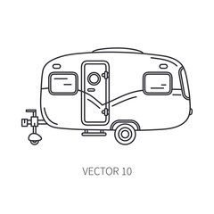 Line vector icon retro tourism auto trailer. Classic 1950s style. Nostalgia antique automobile family camping. Summer travel vacation. Vintage cartoon car. Highway. Garage. Illustration for design.