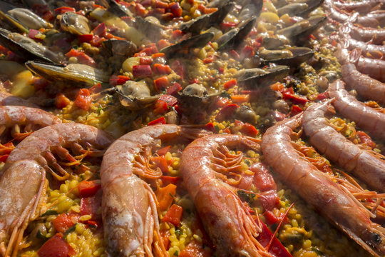 Traditional spanish rice paella with sea food