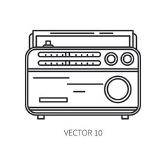 Retro broadcast fm radio tuner vector line icon. Summer travel vacation, tourism, camping. 1960s style. Old communication technology sign and symbol. Vintage. Hipster fashion. Lifestyle grunge design.