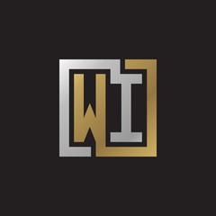 Initial letter WI, looping line, square shape logo, silver gold color on black background