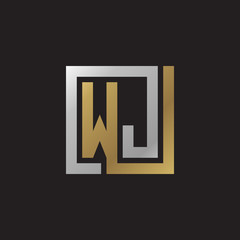 Initial letter WJ, looping line, square shape logo, silver gold color on black background