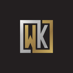 Initial letter WK, looping line, square shape logo, silver gold color on black background