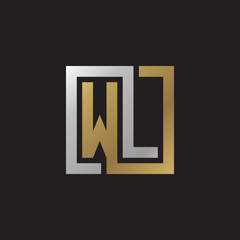 Initial letter WL, looping line, square shape logo, silver gold color on black background