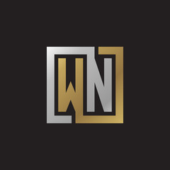Initial letter WN, looping line, square shape logo, silver gold color on black background