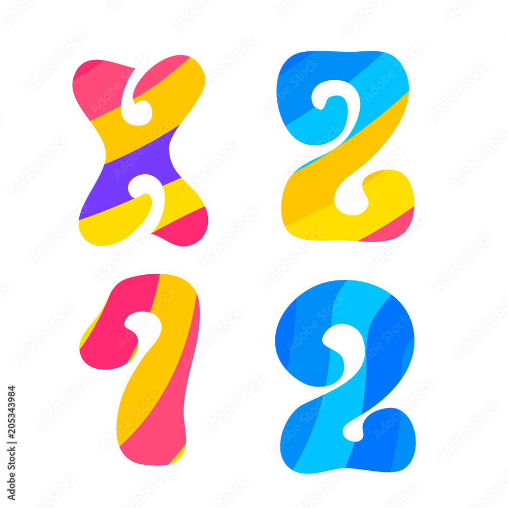 Fototapete Psychedelic font with colorful pattern. Vintage hippie X Z 1 2 letters on white