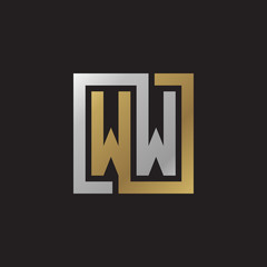 Initial letter WW, looping line, square shape logo, silver gold color on black background