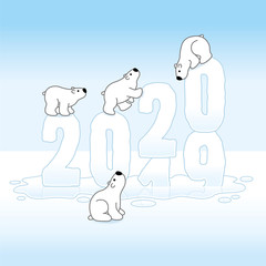 Four Polar Bears Balancing on Changing Year 2019-2020 in Puddle