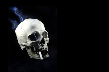 humal skull smoking to die, no smoking day, smoking kill your self, on black background