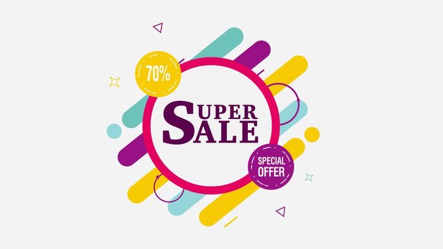 Super Sale 70% off motion tag. Alpha channel. Label of summer special offer. 4K Black Friday, Cyber Monday online shopping banner in bright color
