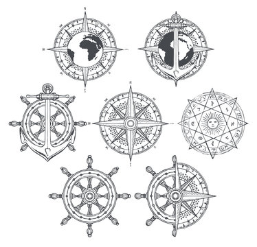 Vector set of nautical emblems. Wind rose, ship anchor and helm in retro style. Black and white outline drawings on the theme of travel, adventure and discovery. T-shirt and label graphics