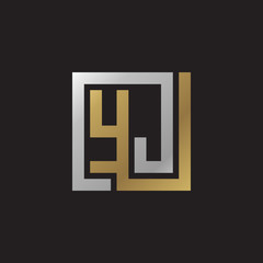 Initial letter YJ, looping line, square shape logo, silver gold color on black background