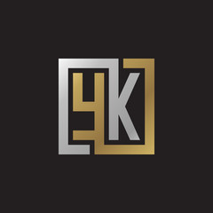 Initial letter YK, looping line, square shape logo, silver gold color on black background