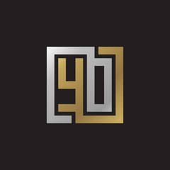 Initial letter YO, YD, looping line, square shape logo, silver gold color on black background