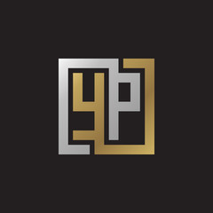 Initial letter YP, looping line, square shape logo, silver gold color on black background