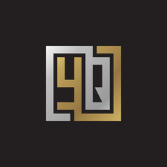 Initial letter YQ, looping line, square shape logo, silver gold color on black background