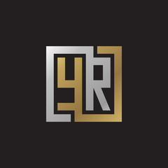 Initial letter YR, looping line, square shape logo, silver gold color on black background