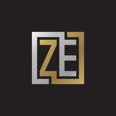 Initial letter ZE, looping line, square shape logo, silver gold color on black background