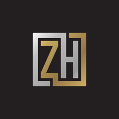 Initial letter ZH, looping line, square shape logo, silver gold color on black background