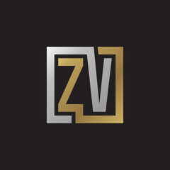 Initial letter ZV, looping line, square shape logo, silver gold color on black background