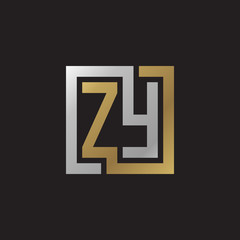 Initial letter ZY, looping line, square shape logo, silver gold color on black background