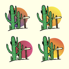 Set of cacti in the desert with a pointer. Hand-drawn