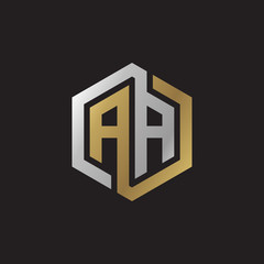 Initial letter AA, looping line, hexagon shape logo, silver gold color on black background
