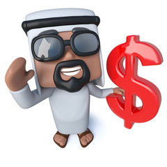 3d Funny cartoon arab sheik character holding a US Dollar currency symbol