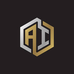 Initial letter AI, looping line, hexagon shape logo, silver gold color on black background