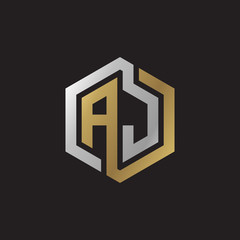 Initial letter AJ, looping line, hexagon shape logo, silver gold color on black background