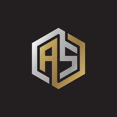 Initial letter AS, looping line, hexagon shape logo, silver gold color on black background