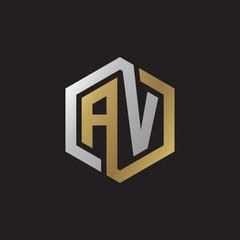 Initial letter AV, looping line, hexagon shape logo, silver gold color on black background