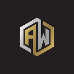 Initial letter AW, looping line, hexagon shape logo, silver gold color on black background - obrazy, fototapety, plakaty