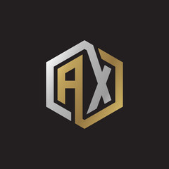 Initial letter AX, looping line, hexagon shape logo, silver gold color on black background