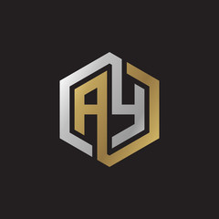 Initial letter AY, looping line, hexagon shape logo, silver gold color on black background