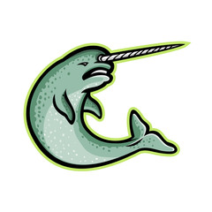 Mascot icon illustration of an angry narwhal  or narwhale, a medium-sized toothed whale that has a large tusk like a unicorn horn, swimming up viewed from side on isolated background in retro style. © Redwater Vectors
