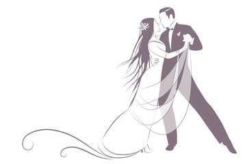Elegant groom and beautiful bride with long mane dancing the wedding dance
