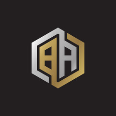 Initial letter BA, looping line, hexagon shape logo, silver gold color on black background