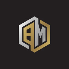Initial letter BM, looping line, hexagon shape logo, silver gold color on black background