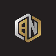 Initial letter BN, looping line, hexagon shape logo, silver gold color on black background