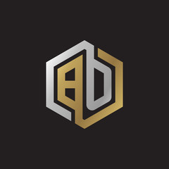 Initial letter BO, looping line, hexagon shape logo, silver gold color on black background