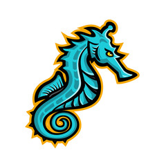 Mascot icon illustration of a seahorse, sea-horse or sea horse, a small marine fish in the genus Hippocampus viewed from side on isolated background in retro style.