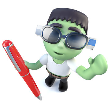 3d Funny cartoon frankenstein monster character writing with a pen