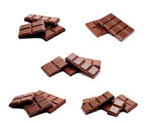 Collection of photos dark milk chocolate bars stack isolated
