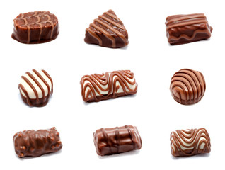 Collection of photos assortment of chocolate candies sweets isolated