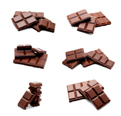 Collection of photos dark milk chocolate bars stack isolated